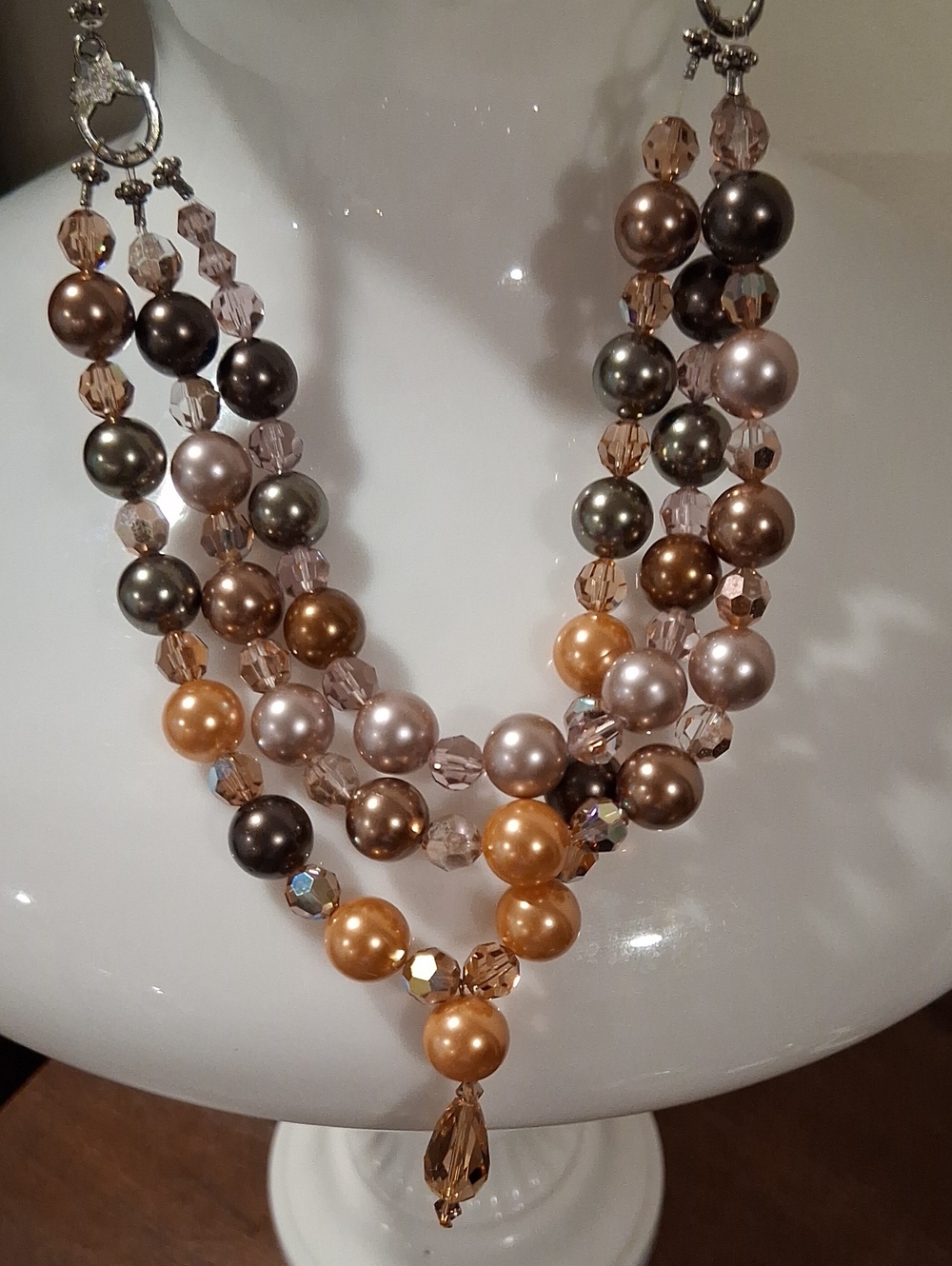 Multi-Strand Pearl and Crystal Necklace in Champagne, Bronze and Gray Tones